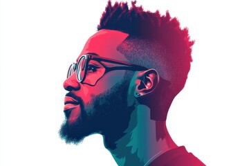 Portrait of a man with glasses showcasing vibrant colors and intricate hairstyle against a bright background