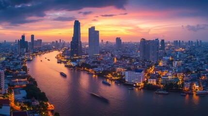 Fototapeta premium Vibrant sunset over bangkok cityscape thailand urban photography twilight aerial view scenic beauty