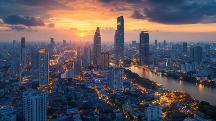Obraz premium Sunset cityscape over the river bangkok aerial view urban landscape evening vibrant skyline