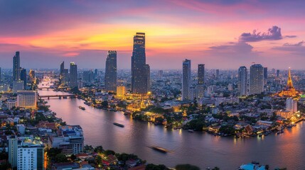 Naklejka premium Vibrant sunset reflection over bangkok river scenic cityscape urban landscape twilight view serenity and beauty