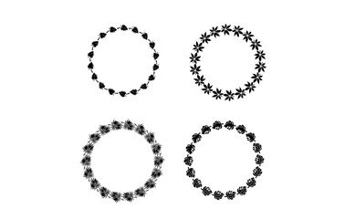 A set of delicate sketch botanical round wreaths with leaves, black spring frames in doodle style for greeting card design, wedding decoration.