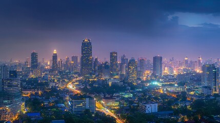 Obraz premium Nighttime urban skyline view cityscape photograph modern metropolis aerial perspective urban beauty