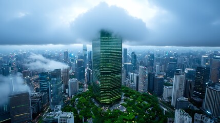 Obraz premium Green Skyscraper Emerging from Clouds Over City at Dusk