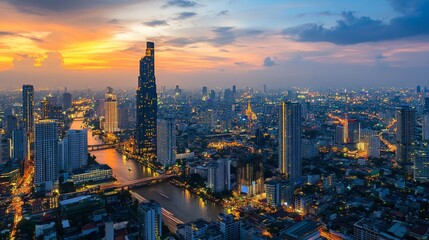 Urban sunset over bangkok river aerial view of cityscape nighttime atmosphere vibrant urban life