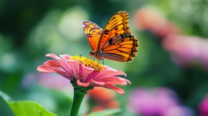 Obraz premium A golden butterfly resting on a bright pink zinnia flower, enjoying the warmth of the sun.