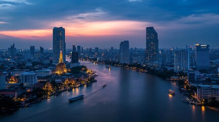Fototapeta premium Evening river cruise bangkok cityscape urban panoramic serenity under twilight sky