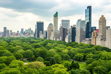 Fototapeta premium Sun shining on empty city street lined with green trees and skyscrapers