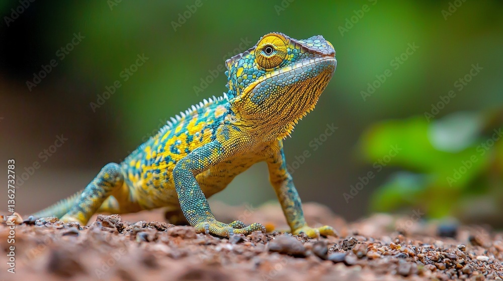 Poster in a vibrant green habitat, a stunning lizard basks under warm sunlight, its intricate patterns and 