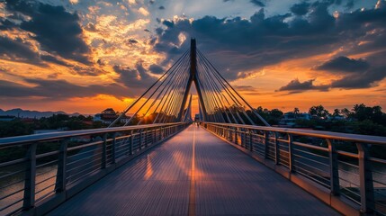 Obraz premium Sunset over suspension bridge urban landscape scenic photography evening light wide angle tranquil atmosphere