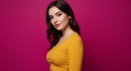 Naklejka premium Confident woman in yellow top against bold pink background