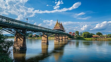 Fototapeta premium Scenic view of a historic bridge with temple thailand landscape photography serene environment panoramic view cultural heritage
