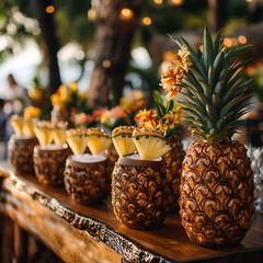 Close-up of a fresh ripe pineapple with a tropical holiday theme