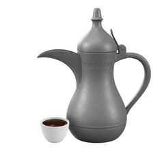 Collection of Traditional Arabic Coffee Dallah Pots with Full Ceramic Cup Isolated