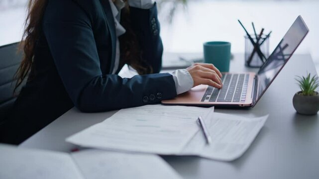Closeup businesswoman working office. Nervous accountant finding work mistake