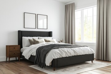 Modern bedroom with dark bed, wood floor, and natural light.