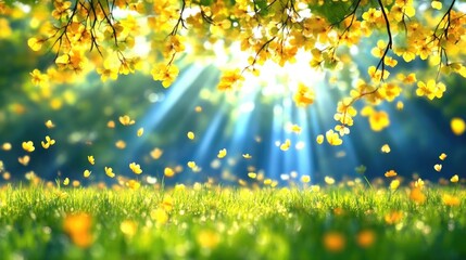 Obraz premium Sunny Spring Meadow with Falling Flowers
