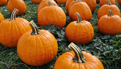 Rows of vibrant orange pumpkins arranged neatly on the ground with lush green leaves during the harvest season