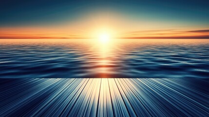 Serene Sunset over Calm Ocean: A Wooden Deck Perspective