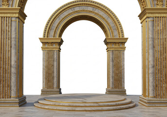 Fototapeta premium Elegant Marble Arch with Gold Accents 3D Stone Carving Studio Shot with Central Stone Stage