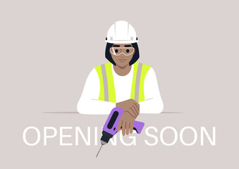 Opening soon, Engineer preparing for construction with a drill and a focused look, symbolizing the anticipation of projects about to unfold