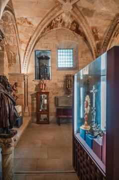 Display case exhibiting religious artifacts in orense cathedral, spain