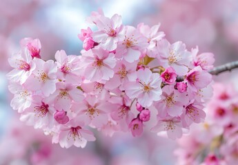 Fototapeta premium Delicate Cherry Blossom Cluster with Soft Pink Petals Against a Light Blue Sky Ideal for Celebrating Spring, Beauty, and Nature's Wonders