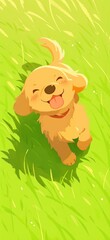 Fototapeta premium Joyful golden retriever puppy in sunny grass