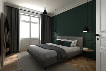 Modern bedroom with dark green wall, gray bed, and wooden floors.