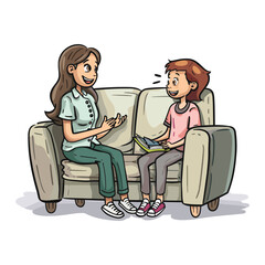 Two Friends Chatting on a Couch – Cartoon Style