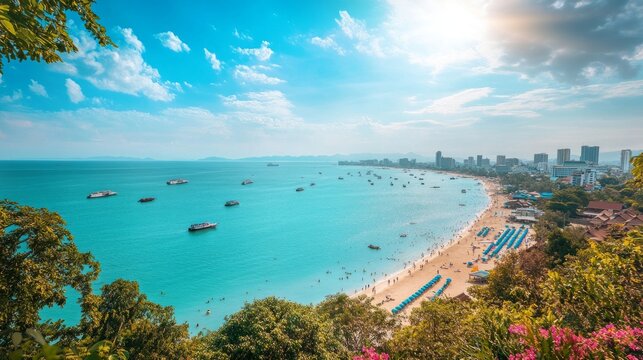 Beachfront paradise scenic view of pattaya bay thailand landscape photography tropical environment aerial perspective travel inspiration - Powered by Adobe