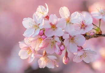 Delicate Cherry Blossom Flowers in Soft Pink Hues with Blurry Background, Capturing the Essence of Springtime Beauty and Nature&rsquo;s Awakening
