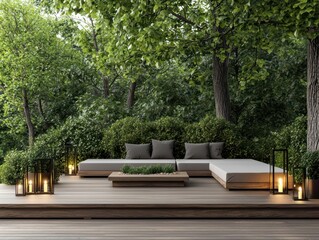 Floating deck with sunken seating and hidden lighting, blending seamlessly into a natural landscape