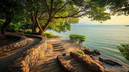 Scenic coastal pathway at sunset seaside resort nature photography tranquil environment serene view relaxation concept