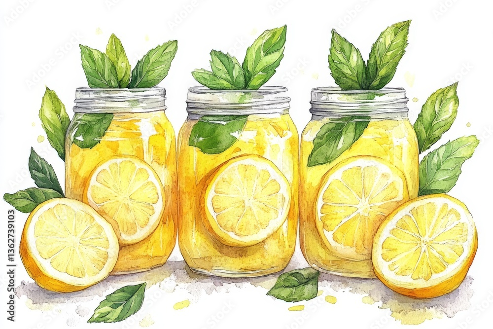 Poster refreshing lemonade jars with mint arranged on a white background for a summer vibe
