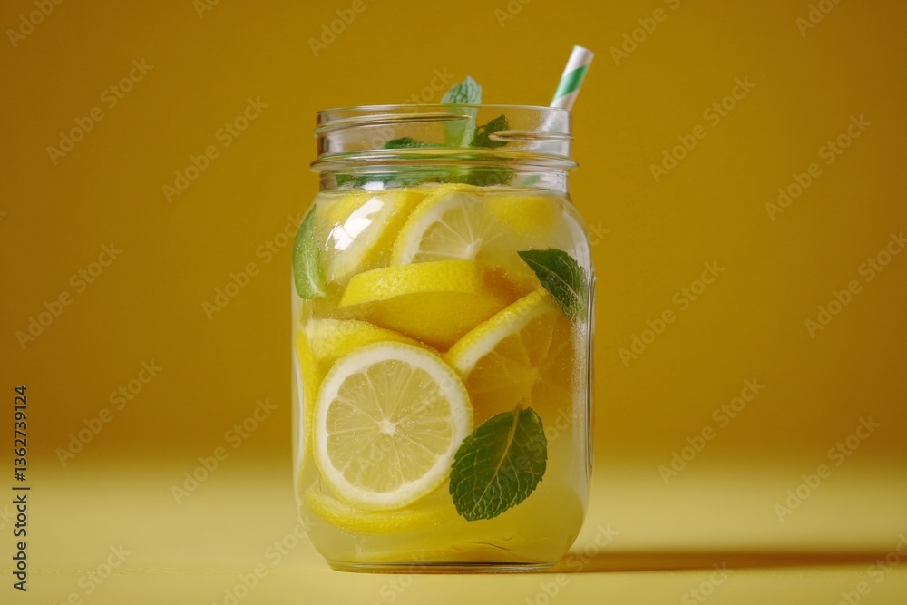 Poster refreshing lemon mint drink served in a jar with a straw against a bright yellow backdrop