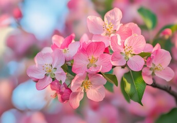 Obraz premium Delicate Pink Blossoms of Crab Apple Tree in Soft Focus with Dreamy Background and Gentle Bokeh Effect during Spring, Capturing Natural Beauty and Serenity