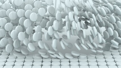 Chaotic motion of falling white round tablets over a disrupted seamless surface of pills in medical concept background with scattered elements