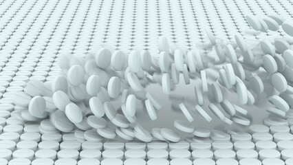 Sweep of falling white round pills across a uniform grid of tablets breaking symmetry in medical concept background with soft shadows and dynamic motion