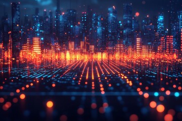 Fototapeta premium Digital cityscape with glowing blue and orange lights in a futuristic style