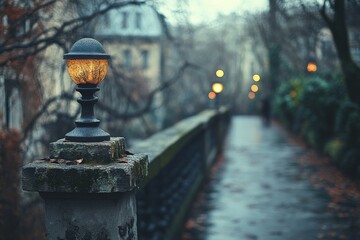 Fototapeta premium Moody rainy street with old buildings and vintage lampposts