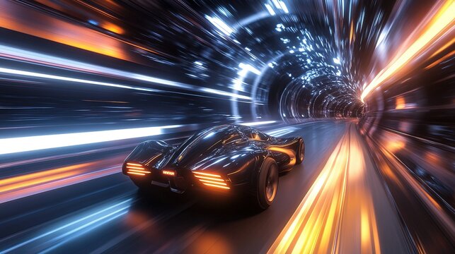 Futuristic spacecraft flying through a hyper-speed tunnel at night with glowing lights