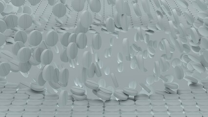 Mass of white tablets falling into deep crater formed in compact pill grid with layered motion and abstract medical concept background