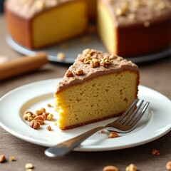 A tempting slice of nutty, light brown-iced cake, ready to be enjoyed, sitting on a pristine white plate with scattered nuts, showcasing its moist, golden crumb.