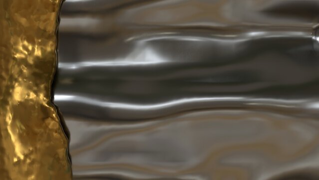 Glossy dark metal with horizontal wave flow and melted gold accent on the side forming a fluid abstract texture