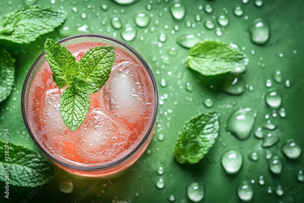Poster refreshing summer drink with mint and ice on a vibrant green backdrop