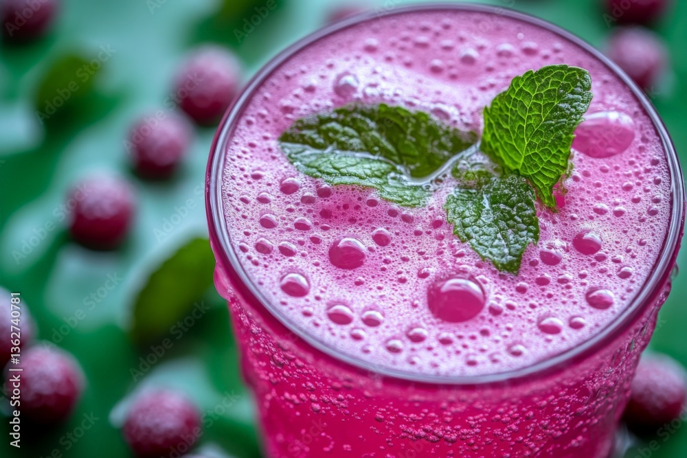 Poster refreshing raspberry mint drink prepared with vibrant colors to delight the senses on a warm summer 