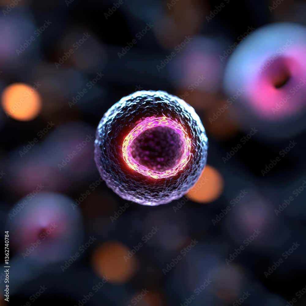 Poster microscopic cell structure with vibrant purple nucleus