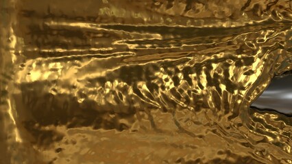 Bright rippled gold surface flowing toward narrow metallic silver stream with fluid reflective waves in horizontal abstract background