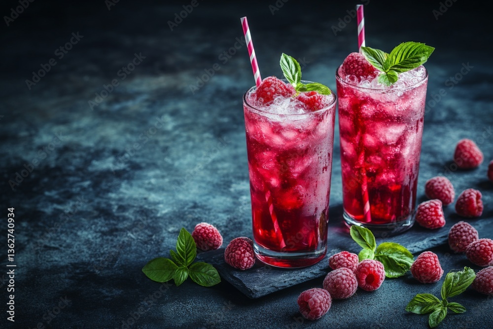 Aufkleber Refreshing raspberry drinks served with mint on a dark textured background during a summer gathering