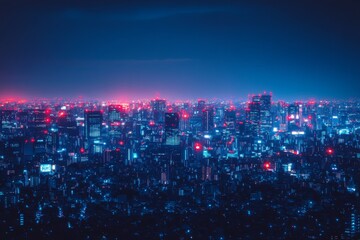 City skyline at night with pink and blue glowing buildings